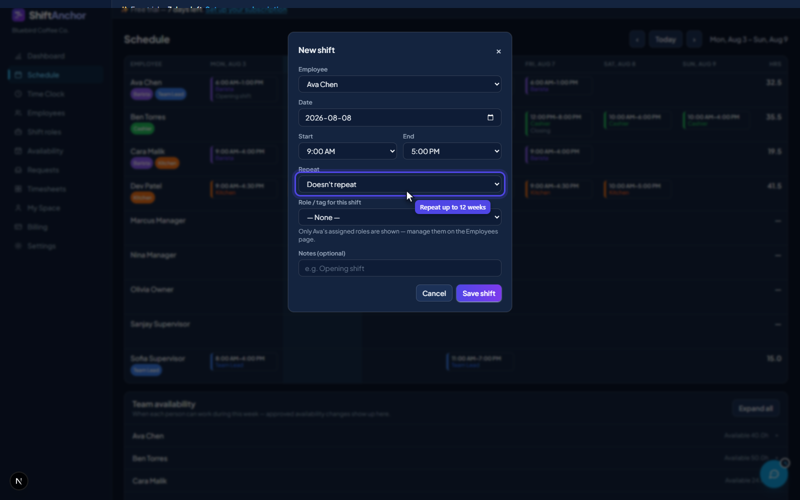 Weekly schedule builder with colour-coded shift blocks across seven days and the new shift dialog open showing the repeat field