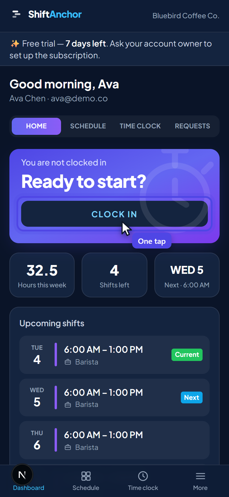 Employee view on a phone showing the clock in button, a live running timer and the shifts for the current week