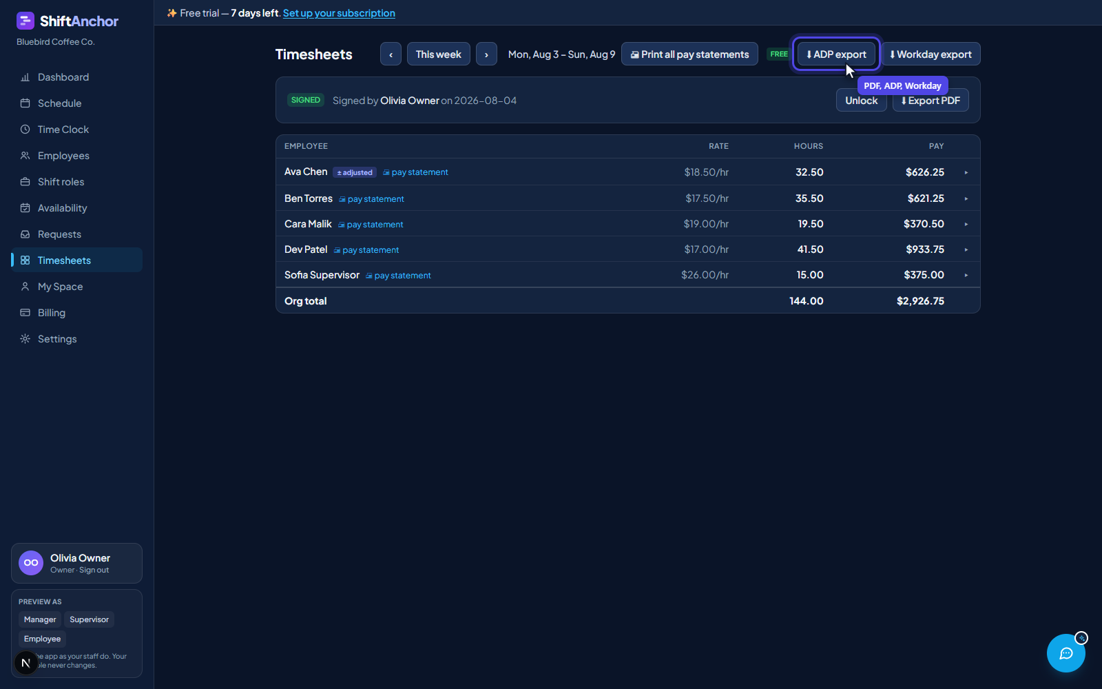 Export options on the timesheets page offering PDF pay statements and ADP, Workday and generic CSV payroll files